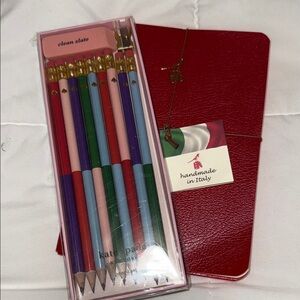Kate Spade Multicolor Pencils with 3 Italian leather Red Notebooks. Set of 4